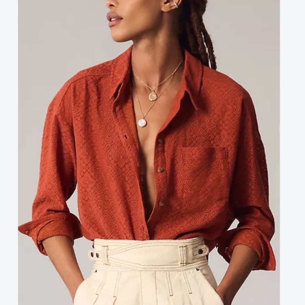 Anthropologie Pilcro Orange Lace Button Down Shirt Medium